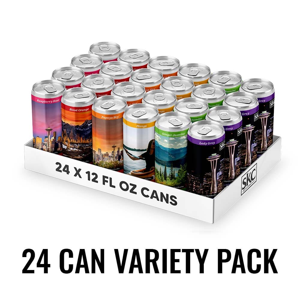 Kombucha 24 Can Variety Pack Seattle Kombucha Company Local 24 Can Variety Pack Product Lineup Image Flavors 12 oz cans $3.59 per can delivered FREE SHIPPING