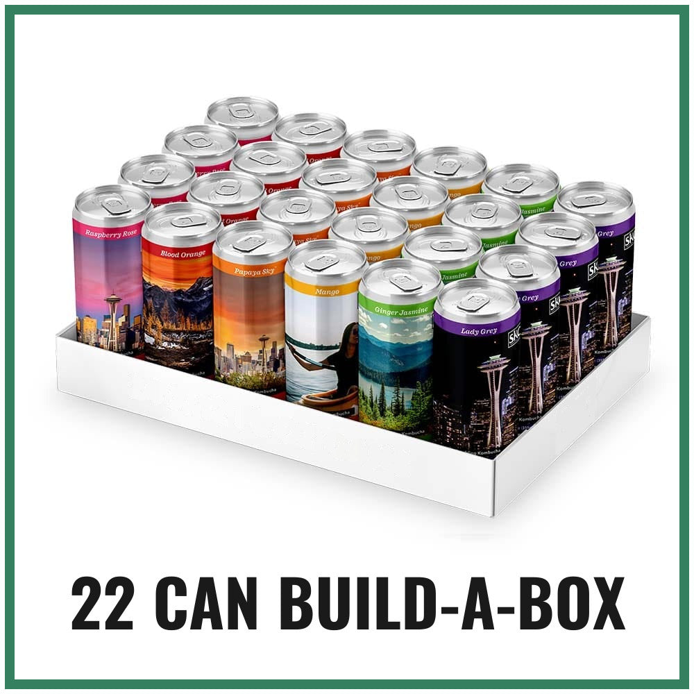 A tray of twenty-two 12 oz Seattle Kombucha cans in mixed flavors, framed in green